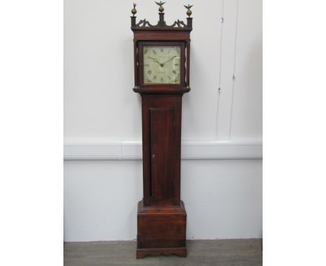 An early 19th Century oak longcase clock, painted metal square 11" Roman dial signed Warren, Ixworth. 30 hour rope driven mov