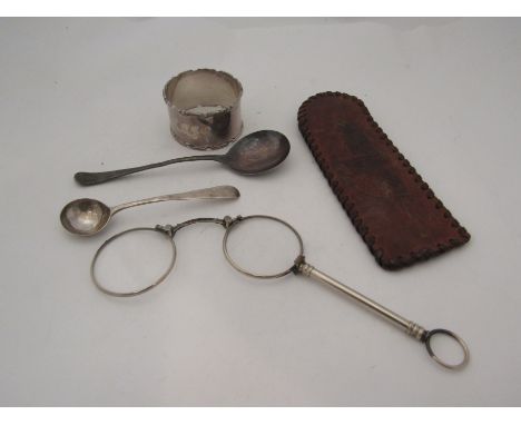 A silver napkin ring, spoons and pince-nez