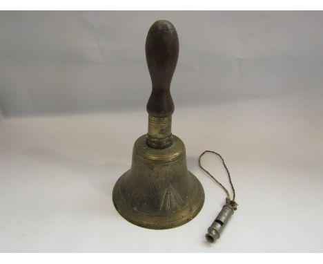 A military brass hand bell with broad arrow, possibly ARP and ARP whistle (2)