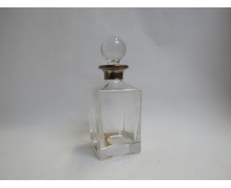 A square form decanter with silver collar, stamped 925
