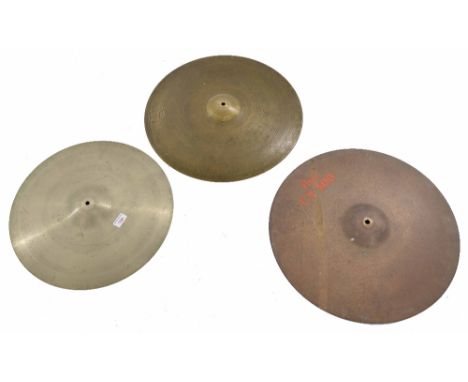 Vintage 18" Zyn crash cymbal; together with a 19" Zildjian Co. Avedis Turkish cymbal and a 20" Pearl CX-300 ride cymbal (3) 