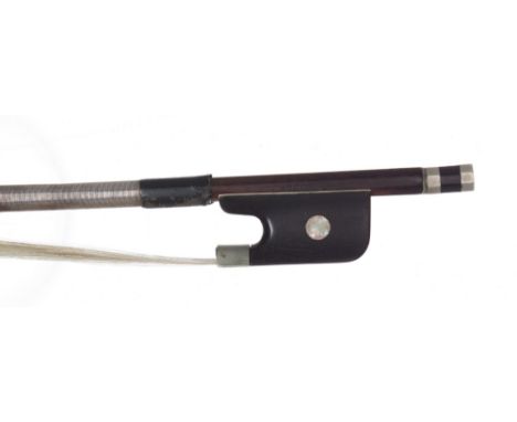 French nickel mounted violoncello bow by and stamped Armand Latour, the stick octagonal, the ebony frog inlaid with pearl eye