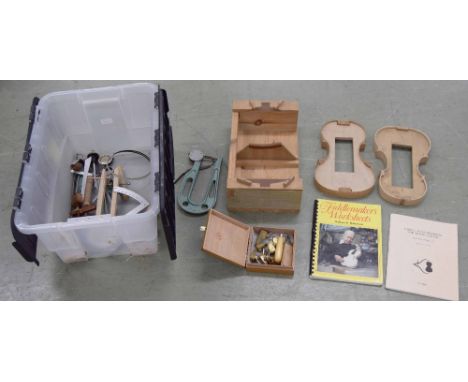 Quantity of various workshop tools, including four thickness gauges, violin making profiles, violin makers cradle etc; also t
