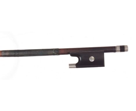 Nickel mounted violin bow, unstamped, the stick round, the ebony frog inlaid with pearl eyes and the ebony adjuster with two 