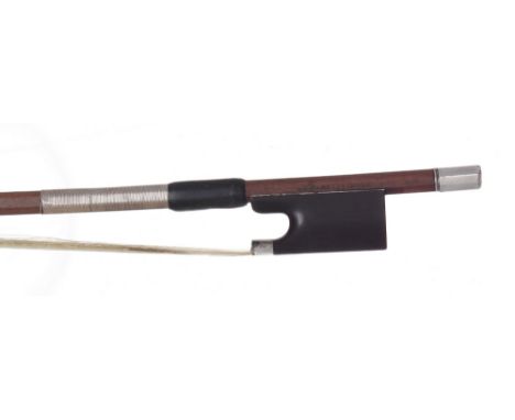 German silver mounted violin bow by and stamped H.R. Pfretzschner, the stick octagonal, the ebony frog plain and with a silve