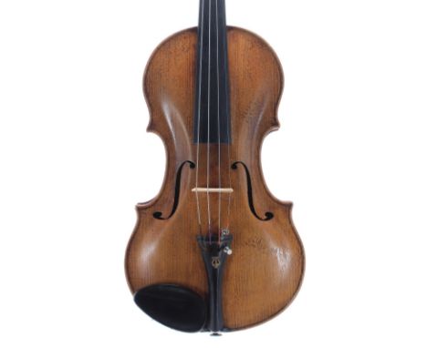 Good Bohemian violin circa 1890, the one piece back of very faint medium curl with similar wood to the sides and head, the ta