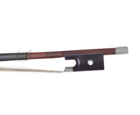 French nickel mounted violin bow stamped A. Voirin Fils, the stick octagonal, the ebony frog inlaid with pearl eyes and with 