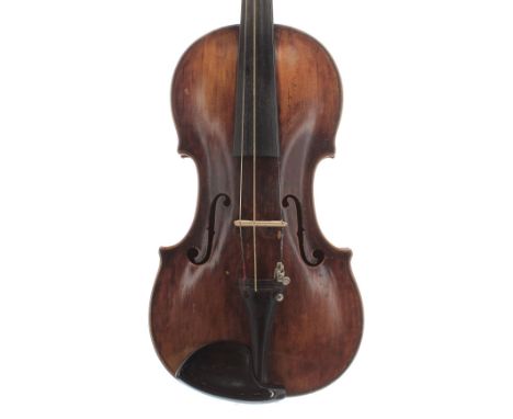 Interesting 18th century violin, unlabelled, the two piece back of faint medium curl with similar wood to the sides and head,