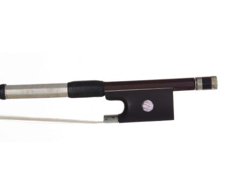 Nickel mounted violin bow, unstamped, the stick round, the ebony frog inlaid with pearl eyes and the ebony adjuster with two 