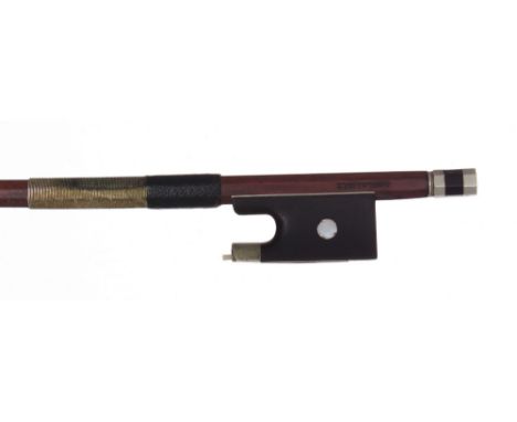 Nickel mounted violin bow stamped J. Hel á Lille, the stick round, the ebony frog inlaid with pearl eyes and the ebony adjust