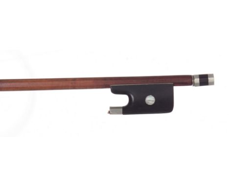 French nickel mounted violin bow by and stamped Louis Bazin, the stick round, the ebony frog inlaid with pearl eyes and the e