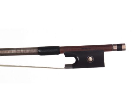 Silver mounted violin bow branded J. Reynolds, the stick octagonal, the ebony frog inlaid with silver rings enclosing pearl e