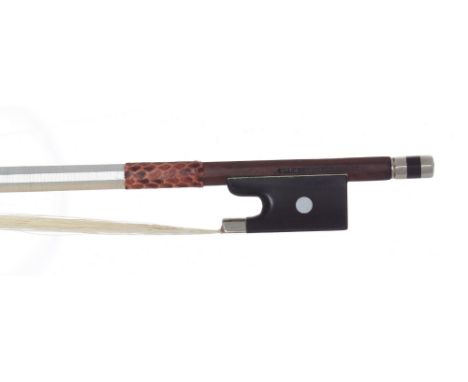 German silver mounted violin bow by and stamped *Albert Nurnberger*, the stick round, the ebony frog inlaid with pearl eyes a