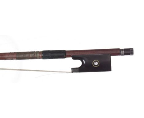 German silver mounted violin bow stamped E. Herrmann***, the stick round, the ebony frog inlaid with rings enclosing pearl ey