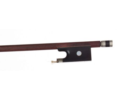 Nickel mounted violin bow stamped Caressa &amp; Francais, the stick octagonal, the ebony frog inlaid with pearl eyes and the 