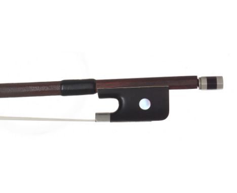 Good French nickel mounted violoncello bow by and stamped Louis Bazin, the stick round, the ebony frog inlaid with pearl eyes