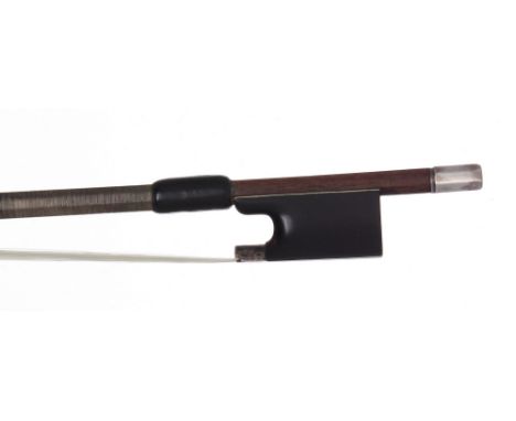 German silver mounted violin bow circa 1930, faintly branded, the stick round, the ebony frog plain and with a silver overlai