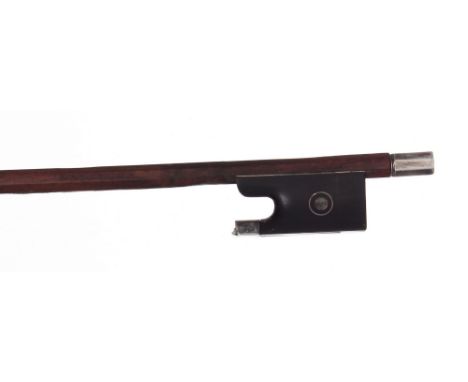 Good French silver mounted violin bow stamped Vtor Fetique á Paris, the stick octagonal, the frog inlaid with silver rings en