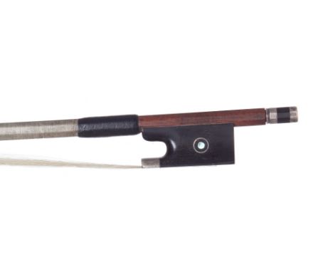 German silver mounted violin bow attributed to Richard Oertel, stamped Paganini, the stick octagonal, the ebony frog inlaid w