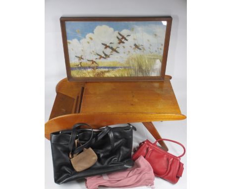MID-CENTURY REMPLOY 'BOOK DONKEY', 37cms H, 78cms W, 38.5cms D. Also, framed print After Peter Scott, Radley handbags (2) and