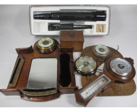 TREEN - hall mirror with barometer and brushes, other barometers and treen items.  Also, a boxed Tasco telescope