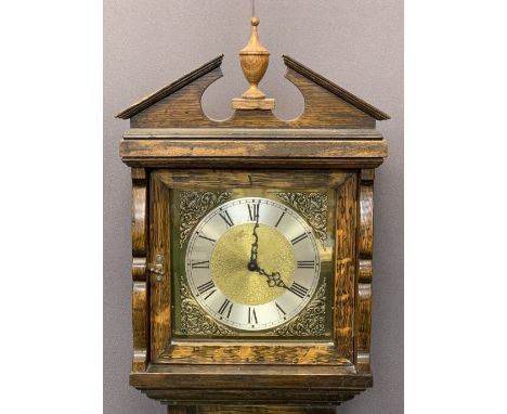 REPRODUCTION OAK GRANDMOTHER CLOCK, twin weight pendulum driven chime strike movement behind a gilt brass and silvered dial s