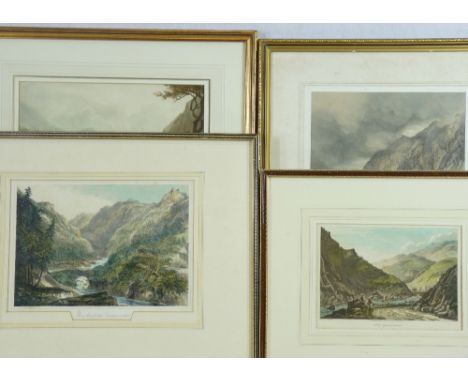 UNSIGNED WATERCOLOUR and three antique tinted prints of Point Aberglaslyn North Wales, the watercolour depicting the bridge i