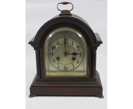 BRACKET CLOCK with silvered dial on brass feet, 31cms H, 18cms W, 17cms D