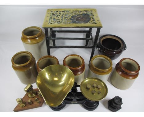BRASS &amp; IRON FOOTMAN, a vintage weighing scales and a quantity of earthenware provision containers