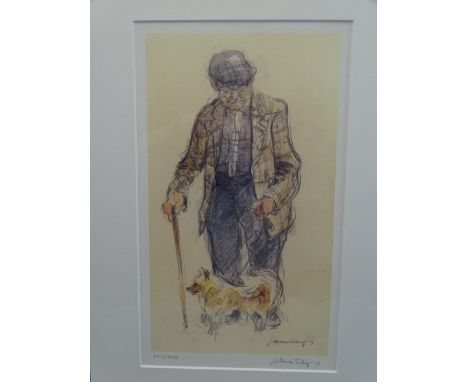 WILLIAM SELWYN limited edition print 102/500 - farmer with a dog, signed in full, 37.5 x 22cms
