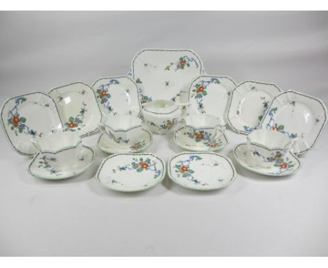 SHELLEY TEA SERVICE - with green border and floral decoration, approximately 18 pieces
