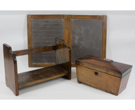 TREEN - rosewood sarcophagus tea caddy on bun feet, 14cms H, 22cms W, 12cms D, small bookshelf and a folding writing slate