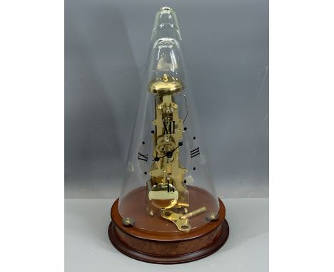 FRANZ HERMLE BELLSTRIKE BRASS SKELETON CLOCK with cone shaped dome set with Roman numeral quarters, key and pendulum included