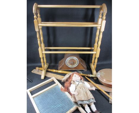 ASSORTED VINTAGE ITEMS to include a washboard, porcelain headed doll, mantel clock, bed warming pan, towel rail, ETC