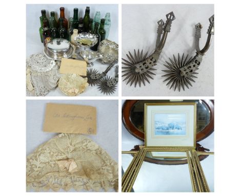 EQUESTRIAN INTEREST - a pair of spurs, also vintage lace items, old soda and beer bottles and a small quantity of EPNS and GE