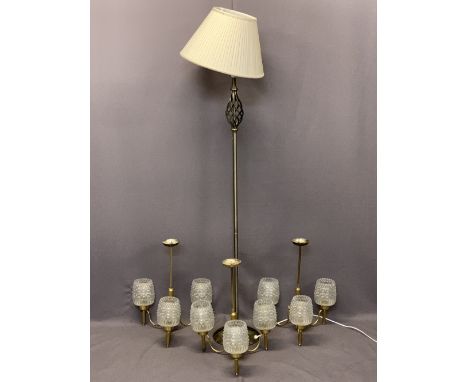 MID-CENTURY BRASS EFFECT THREE BRANCH CEILING LIGHT FITTINGS (3) - each having three raised pattern shades, 50cms H, 41cms ac