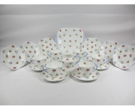 SHELLEY TEA SERVICE - light blue with floral decoration, approximately 19 pieces