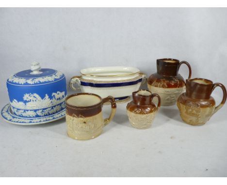 JASPER WARE CHEESE DOME &amp; BASE, Royal Worcester tureen base with elephant handles with four Doulton Lambeth and other sto
