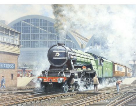 After J KEITH BYASS oil on board - L N E R steam engine 4472 departing with passenger coaches from Kings Cross, original sign