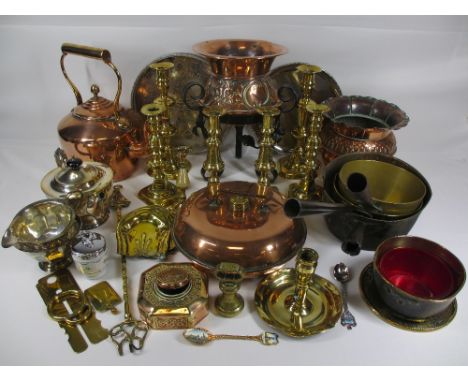 COPPER, BRASS &amp; OTHER METAL WARE - to include planter and stand, Arts &amp; Crafts style inkwell, kettle, candleholders, 