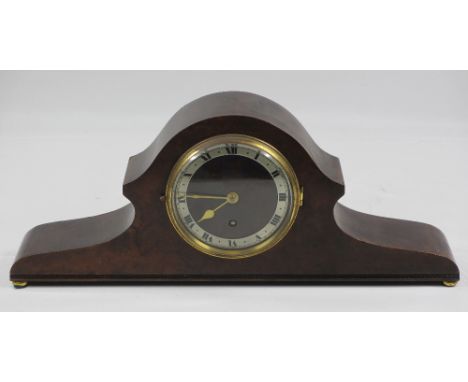 ANTIQUE WALNUT MANTEL CLOCK with Roman numeral dial and brass bezel, 17cms H, 42cms W, 8cms D
