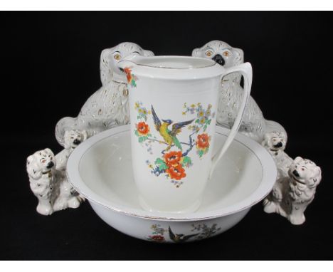 STAFFORDSHIRE POTTERY - a pair of comforter dogs, 34cms H, two other smaller pairs and an exotic bird and floral decorated wa