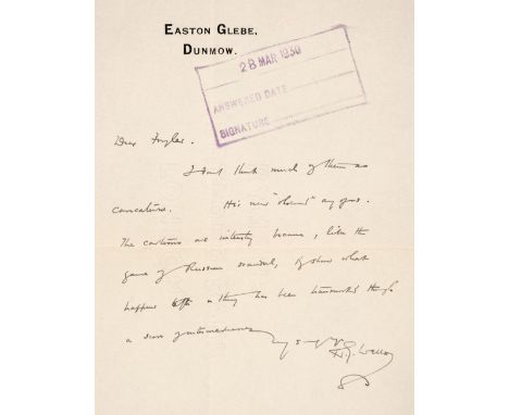 * Wells (Herbert George, 1866-1946). Autograph Letter Signed, 'H. G. Wells', Easton Glebe, Dunmow, no date, received date sta