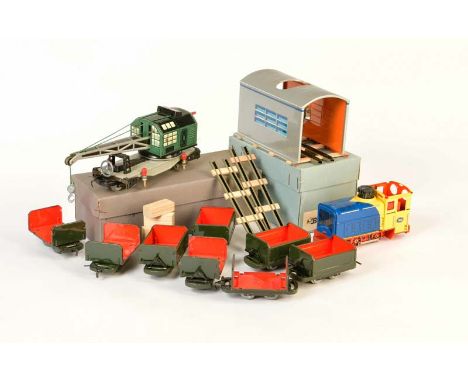 Biller, Diesellok + 8 Wagen + Kranwagen + Lokschuppen, Germany, Spur 0, Blech, Funktion ok, Führerhausdach fehlt, Okt Z 1/2, 