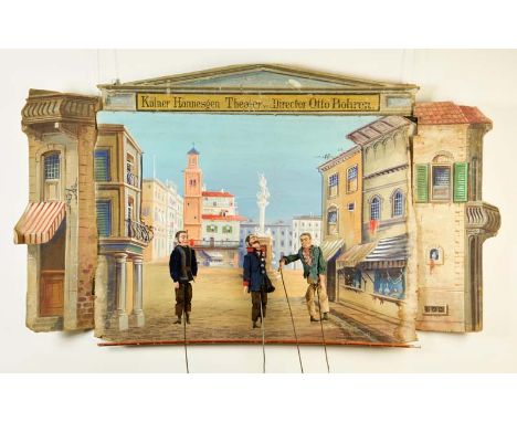 Kölner Hännesgen Puppentheater "Director Otto Bohren", um 1890, 150x120cm (Leinwand), 5x2 Seitenteile, GemBw, 4 handgemachte 