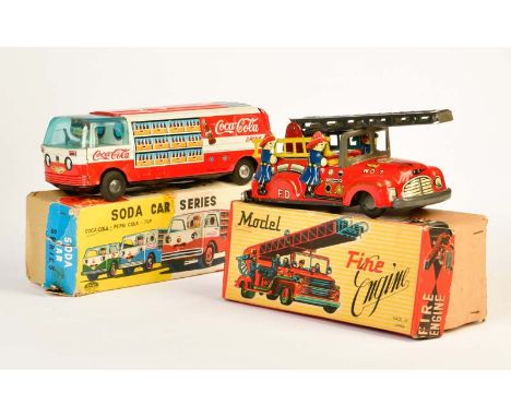 Taiyo, Soda Coca Cola Car + Fire Engine, Japan, 19-23 cm, Blech, Friktion ok, LM, Okt Z 2-3, Z 2-, Taiyo, Soda Coca Cola Car 