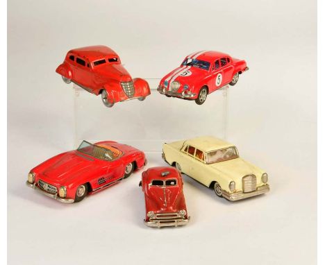 Gama u.a., 5 Fahrzeuge, W.-Germany u.a., 15-21 cm, Blech, LM, teilw. beschädigt, für Bastler, Z 3, Gama a.o., 5 Vehicles, tin