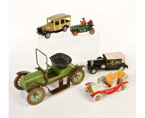 Bandai u.a., 5 Oldtimer, Japan, 11-25 cm, Blech + GemBw, bitte besichtigen, Z 2/2-, Bandai a.o., 5 Vintage Cars, Japan, tin, 