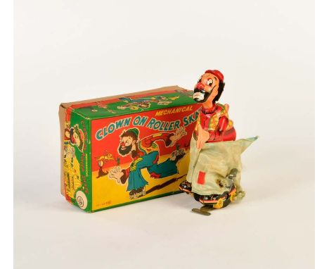 TPS, Clown on Roller Skates, Japan, 17 cm, Blech, UW defekt, Okt, Kleidung lose, sonst sehr guter Zustand, TPS, Clown on Roll