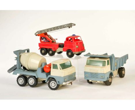Strenco, Feuerwehr + 2 Baufahrzeuge, 30-33 cm, Kst, 1x Rampe Betonmischer ersetzt, Z 2-3, Strenco, Fire Engine + 2 Constructi